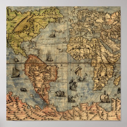 World Map Vintage Historical Antique Atlas Poster