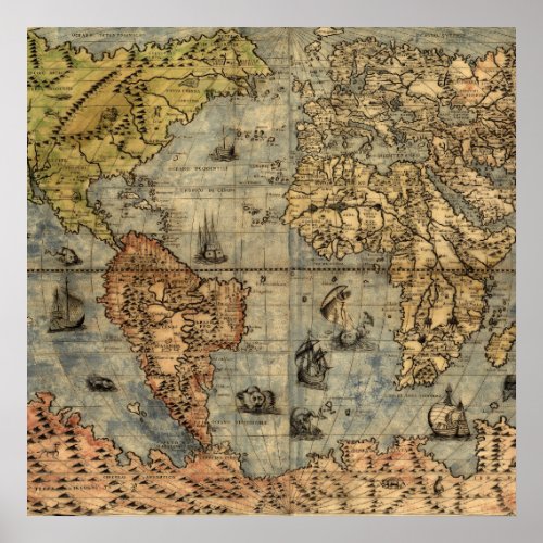 World Map Vintage Historical Antique Atlas Poster