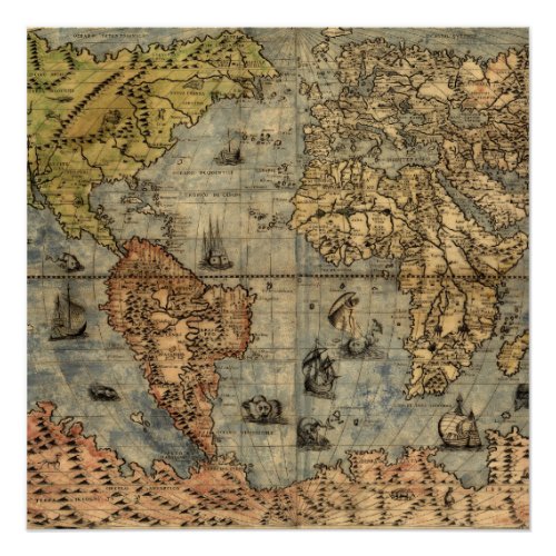 World Map Vintage Historical Antique Atlas Poster