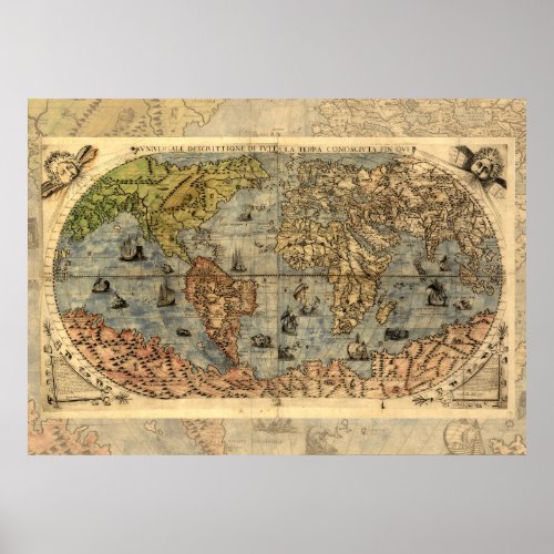 World Map Vintage Historical Antique Atlas Poster