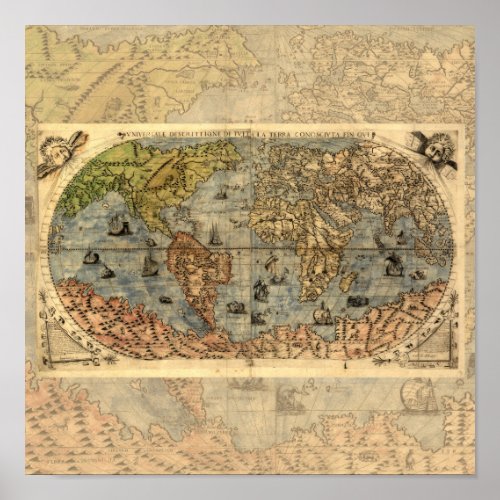 World Map Vintage Historical Antique Atlas Poster