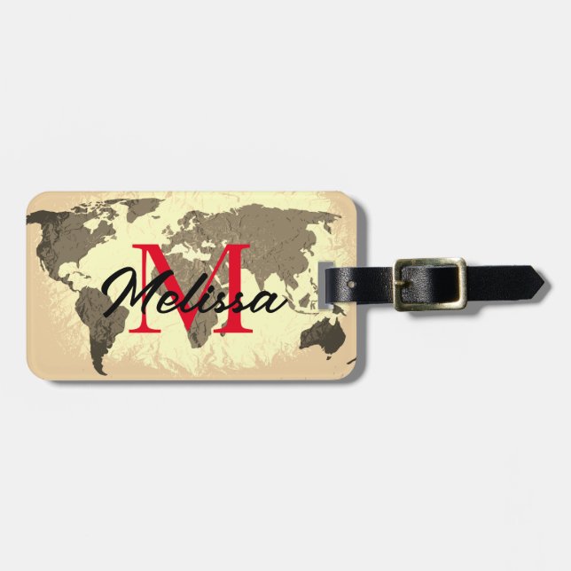 World Map Vintage Monograms Traveler Elegant Favor Luggage Tag (Front Horizontal)