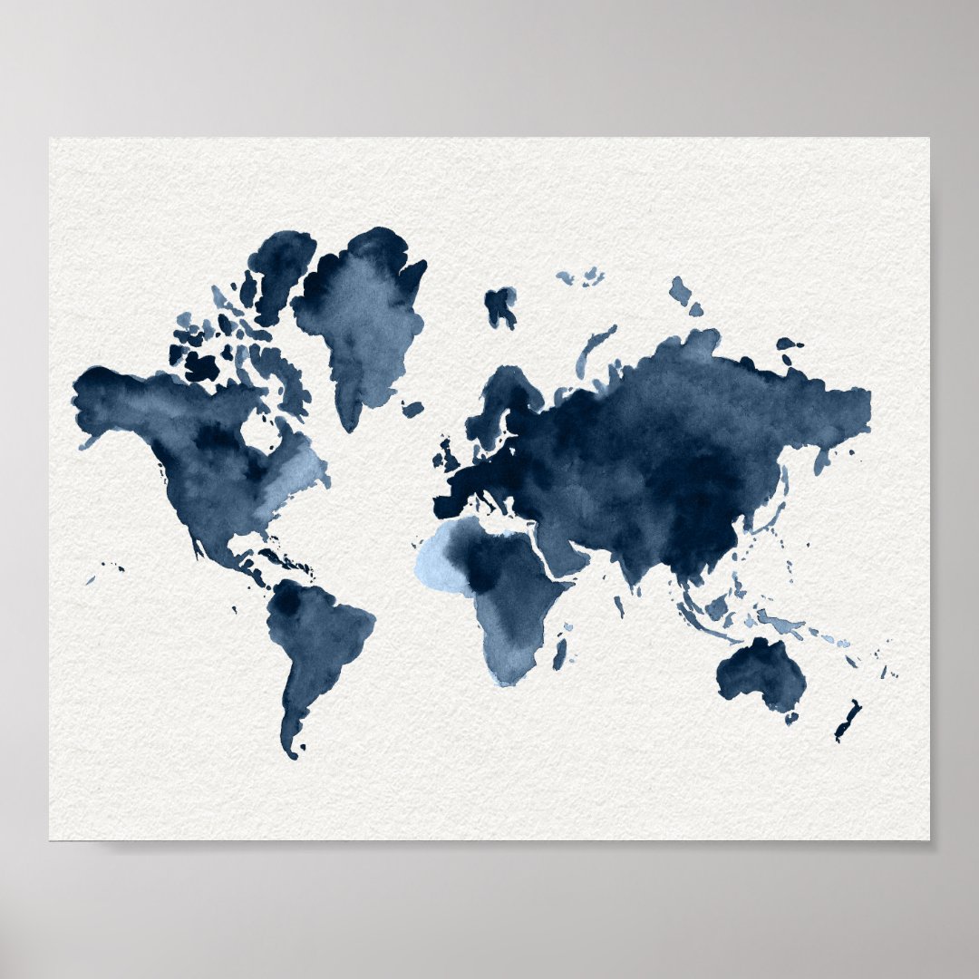 World Map Watercolor Navy Poster | Zazzle