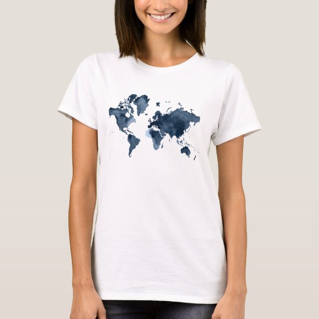 World Map Watercolor Navy T-Shirt (Front)
