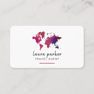World Map Watercolor Travel Agent Clean Elegant Business Card