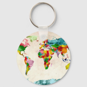 World Map Watercolors Keychain