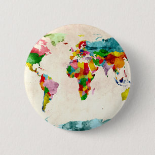 World Map Watercolors Pinback Button