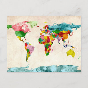 World Map Watercolors Postcard