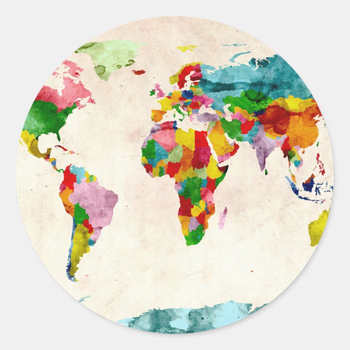 World Map Watercolors Round Stickers