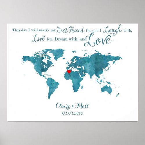 world map wedding guest book signing board teal
