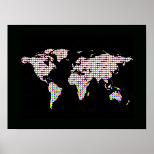 world map with colorful hearts poster