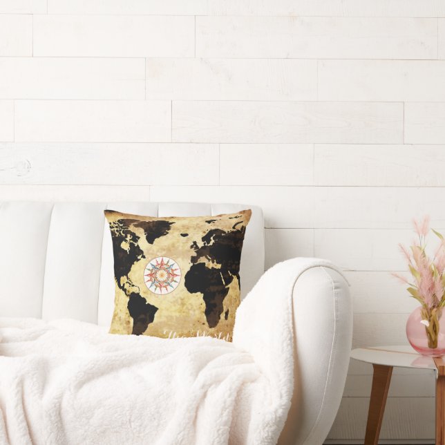 World-map with compass-rose throw pillow (Couch)