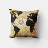 World-map with compass-rose throw pillow (Front)