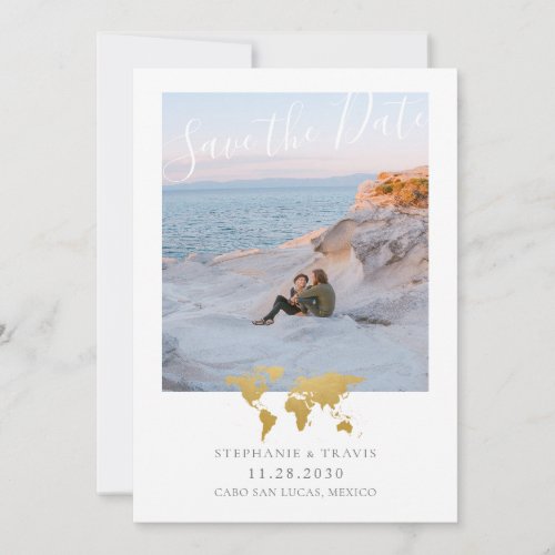 World Map with Heart Destination Wedding Photo Save The Date