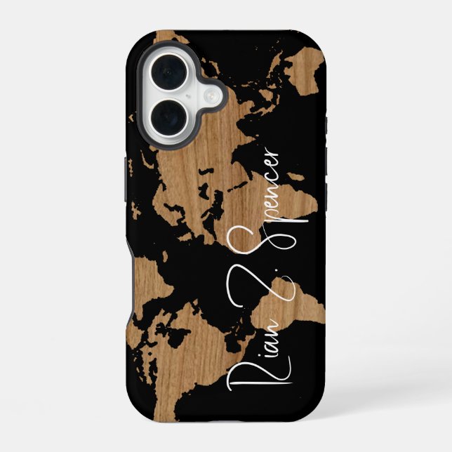 World Map with Name on Black Iphone Case (Back)
