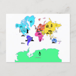 world map with names of the continents  postcard