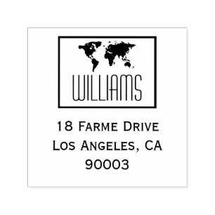 world map with return address, square black/white self-inking stamp