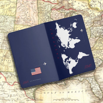 World Map With Usa Flag  Travel Passport Holder by mixedworld at Zazzle