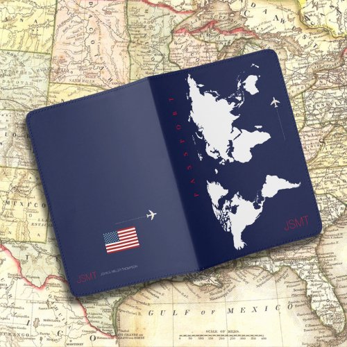 world map with USA flag travel Passport Holder