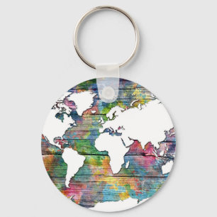 world map wood 12 keychain