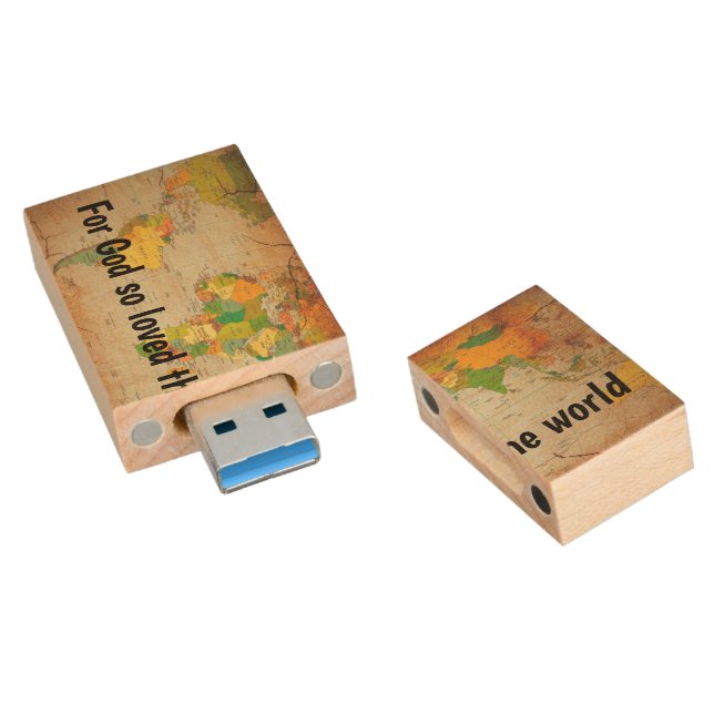 World Map Wood Flash Drive (Angled)