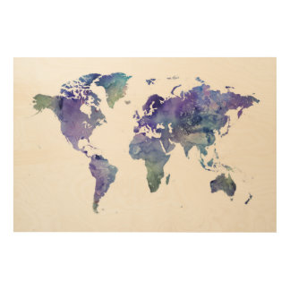 World Map Wooden watercolour wash Art