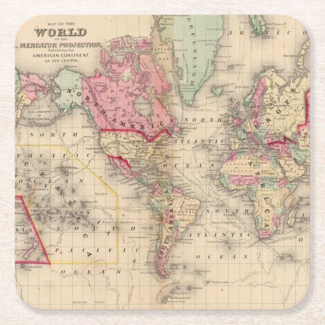 World Mercator proj Map by Mitchell Square Paper Coaster (Front)