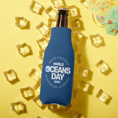World Oceans Day Blue Stylized Earth Waves Bottle Cooler
