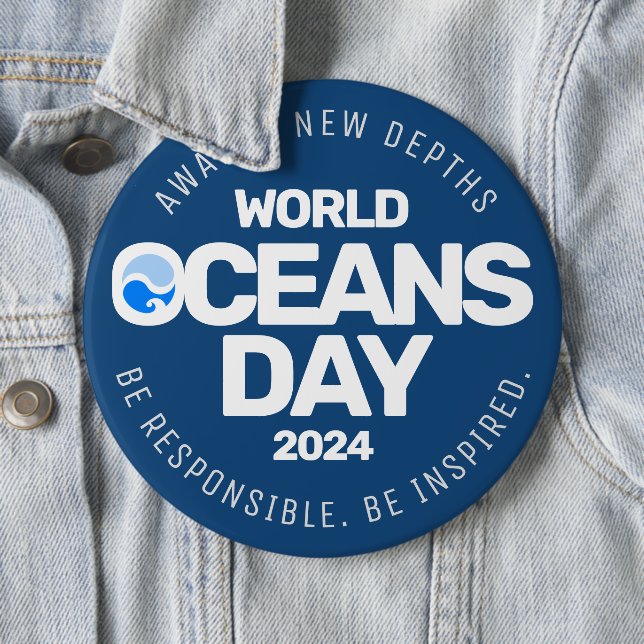 World Oceans Day Blue Stylized Earth Waves Button (In Situ)