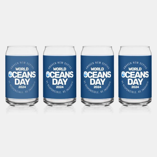 World Oceans Day Blue Stylized Earth Waves Can Glass (Front)