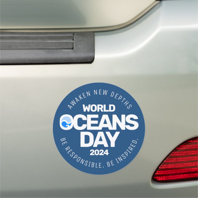 World Oceans Day Blue Stylized Earth Waves Car Magnet (In Situ)