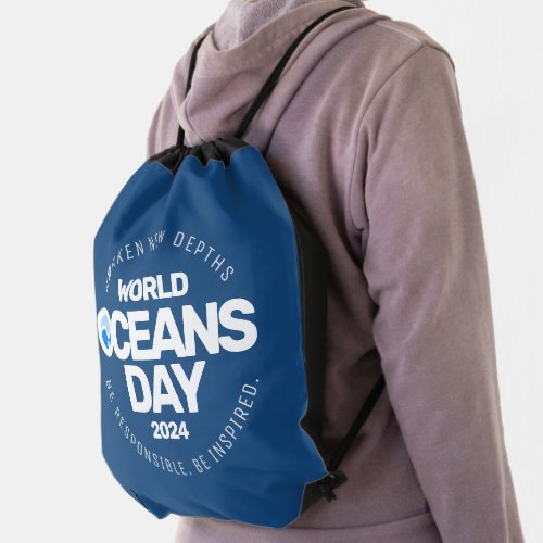 World Oceans Day Blue Stylized Earth Waves Drawstring Bag