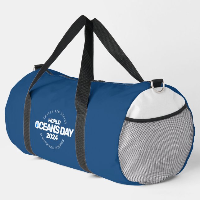 World Oceans Day Blue Stylized Earth Waves Duffle Bag (Right Corner)