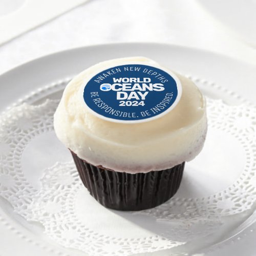 World Oceans Day Blue Stylized Earth Waves Edible Frosting Rounds