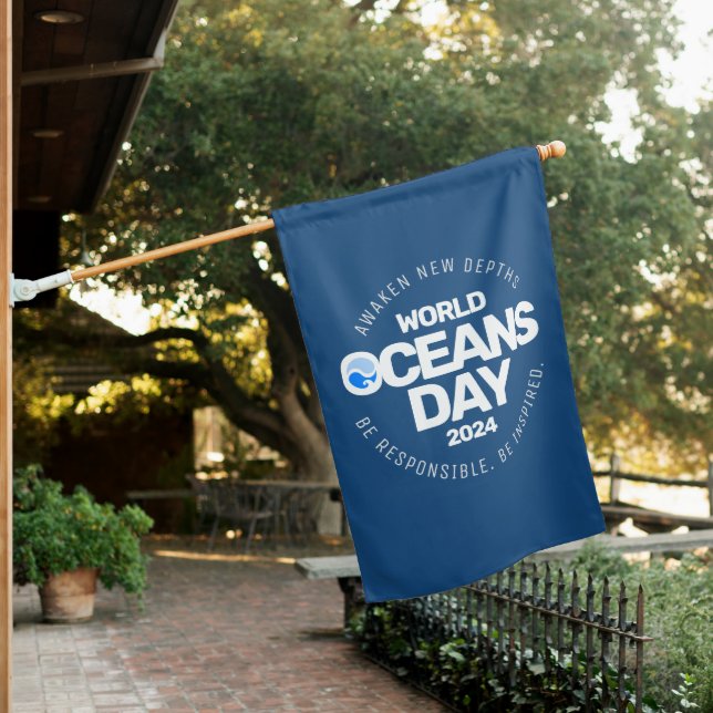 World Oceans Day Blue Stylized Earth Waves House Flag (In SItu)