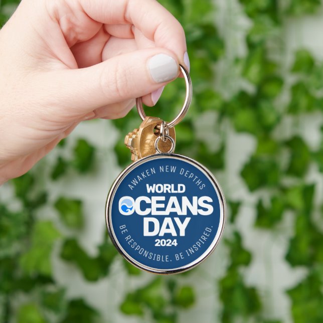 World Oceans Day Blue Stylized Earth Waves Keychain (Hand)
