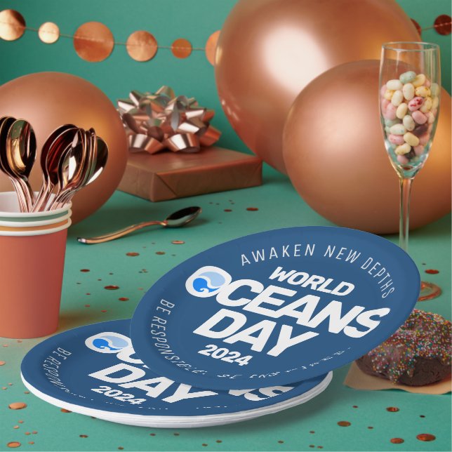 World Oceans Day Blue Stylized Earth Waves Paper Plates (Multi)