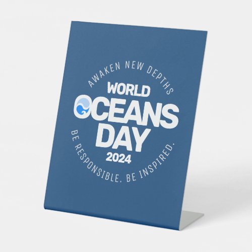 World Oceans Day Blue Stylized Earth Waves Pedestal Sign