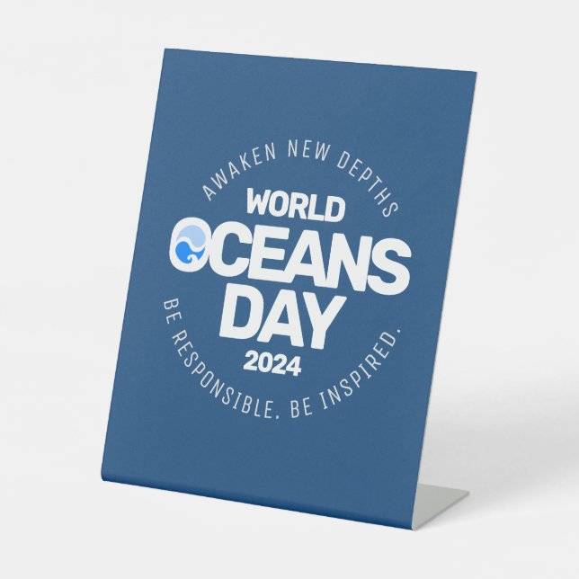 World Oceans Day Blue Stylized Earth Waves Pedestal Sign (Front)