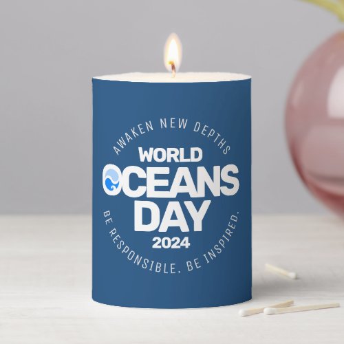 World Oceans Day Blue Stylized Earth Waves Pillar Candle