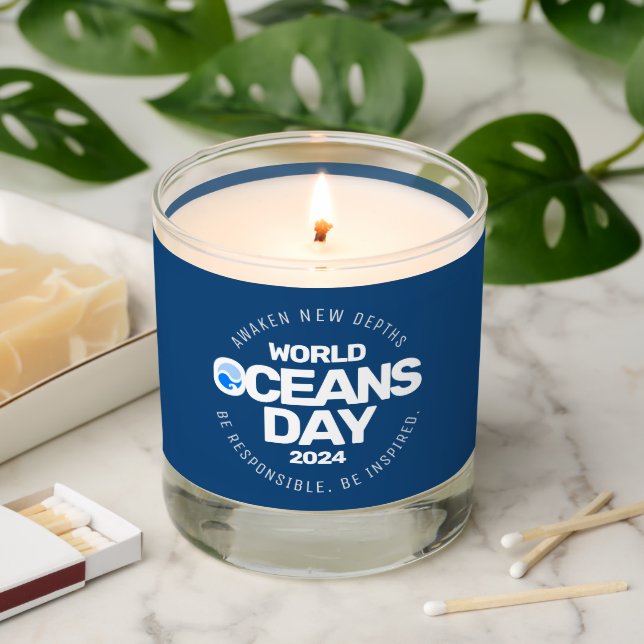 World Oceans Day Blue Stylized Earth Waves Scented Candle (Lit)