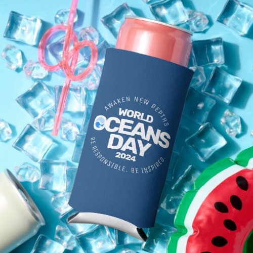 World Oceans Day Blue Stylized Earth Waves Seltzer Can Cooler