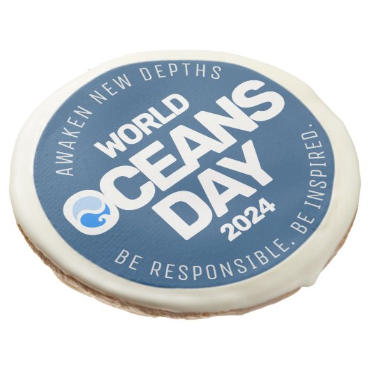 World Oceans Day Blue Stylized Earth Waves Sugar Cookie (Angled)