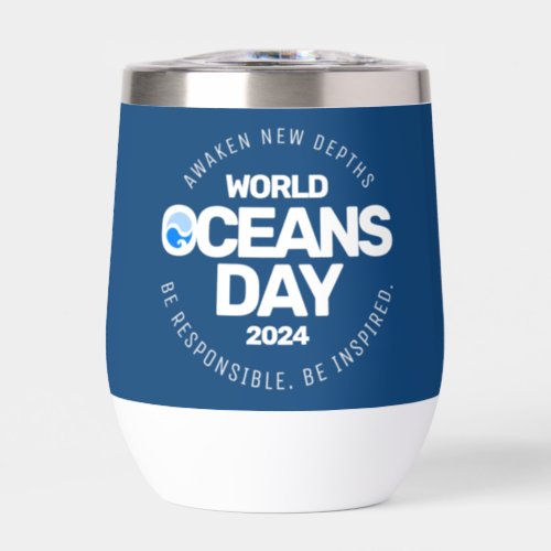 World Oceans Day Blue Stylized Earth Waves Thermal Wine Tumbler
