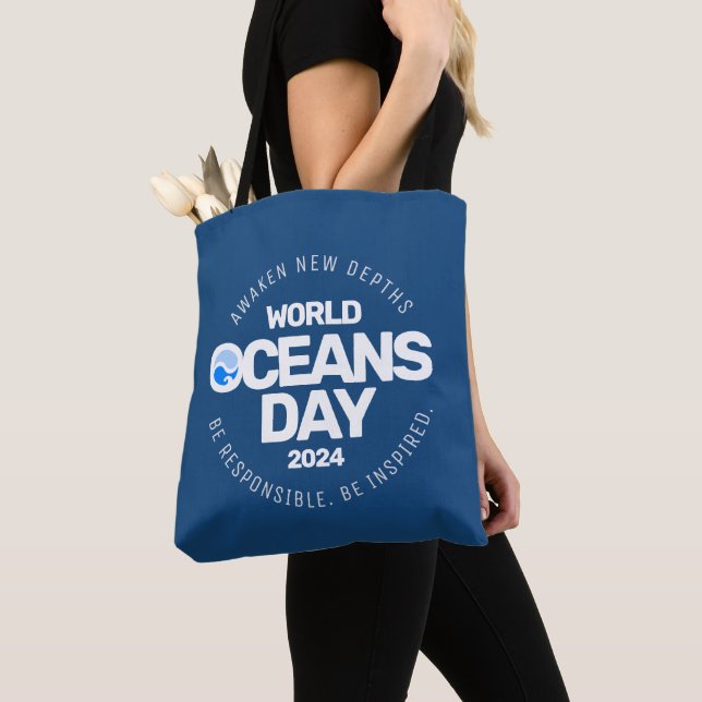 World Oceans Day Blue Stylized Earth Waves Tote Bag (Close Up)