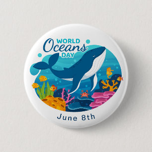 World Oceans Day Blue Whale Fish Coral Custom Text Button