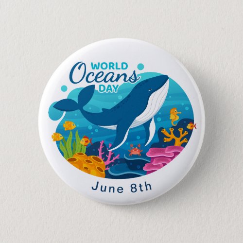 World Oceans Day Blue Whale Fish Coral Custom Text Button