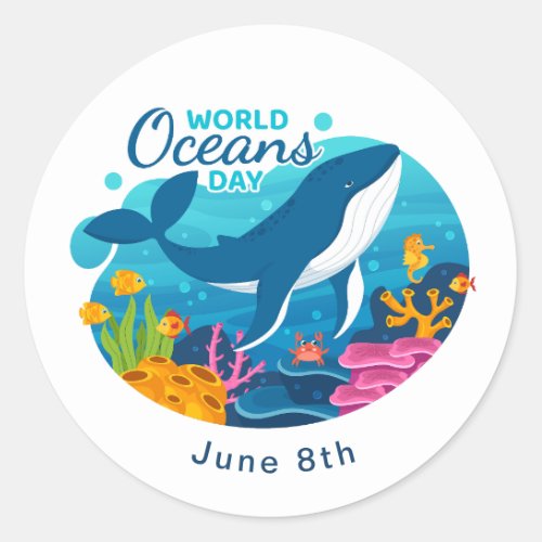 World Oceans Day Blue Whale Fish Coral Custom Text Classic Round Sticker
