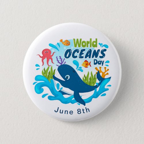 World Oceans Day Blue Whale Octopus Custom Text Button