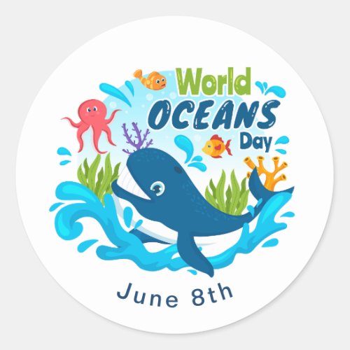 World Oceans Day Blue Whale Octopus Custom Text Classic Round Sticker